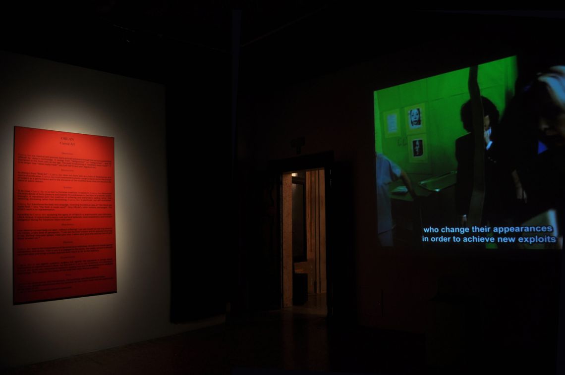 ORLAN. Exhibition view of the Carnal Art Manifesto and the video Omnipresence (1993) at the III Venice International Performance Art Week 2016. Image © We Exhibit